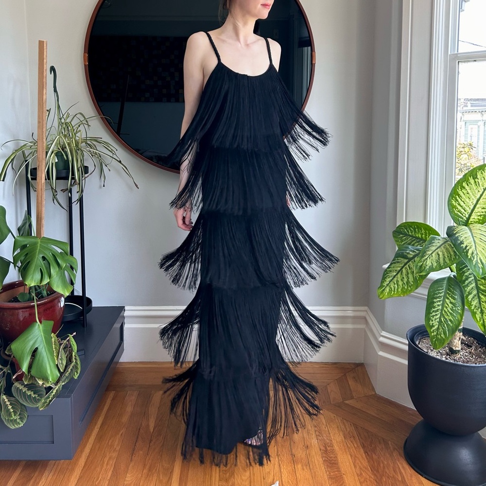 Vintage Black Fringe Maxi Dress